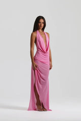 Anastasia Mini Candy Pink by Natalie Rolt – A versatile, trendy mini dress with flowing Georgette fabric, adjustable halter neck, and dramatic open back, perfect for elegant evenings or chic daytime events.