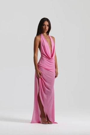 Anastasia Mini Candy Pink by Natalie Rolt – A versatile, trendy mini dress with flowing Georgette fabric, adjustable halter neck, and dramatic open back, perfect for elegant evenings or chic daytime events.