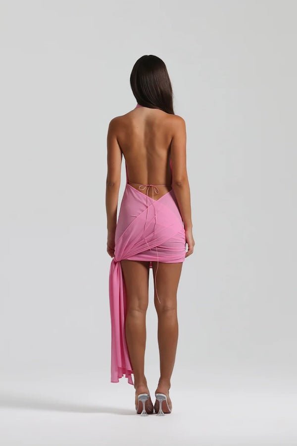 Anastasia Mini Candy Pink by Natalie Rolt – A versatile, trendy mini dress with flowing Georgette fabric, adjustable halter neck, and dramatic open back, perfect for elegant evenings or chic daytime events.