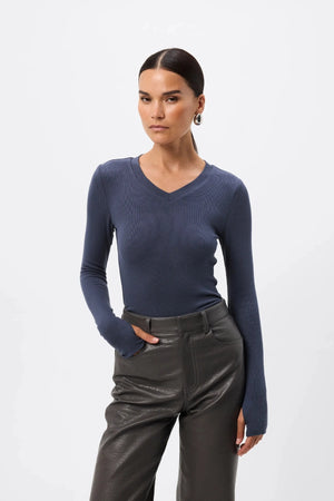 Sedona Top Sapphire by Mossman - ribbed jersey top with V neckline and thumbhole sleeves, designed for a sleek fitted look.