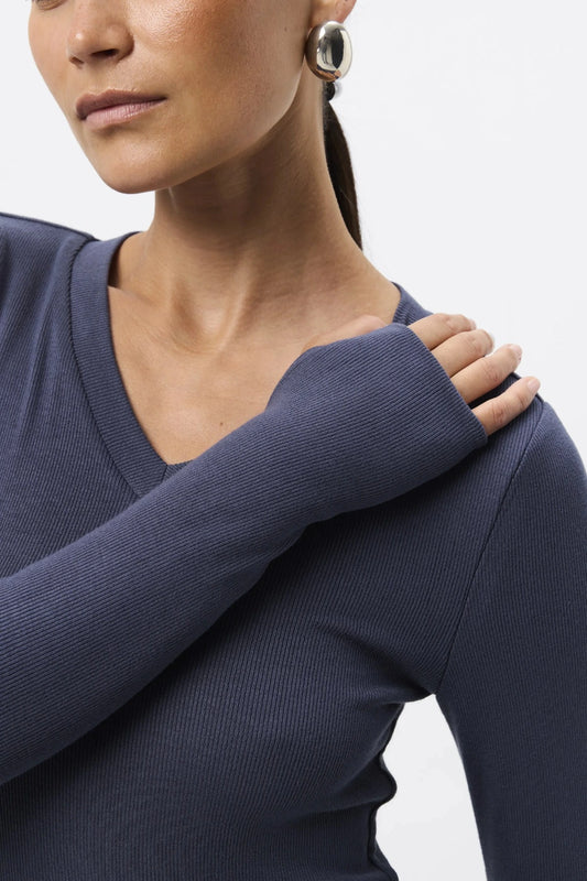 Sedona Top Sapphire by Mossman - ribbed jersey top with V neckline and thumbhole sleeves, designed for a sleek fitted look.