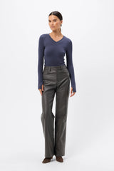 Sedona Top Sapphire by Mossman - ribbed jersey top with V neckline and thumbhole sleeves, designed for a sleek fitted look.