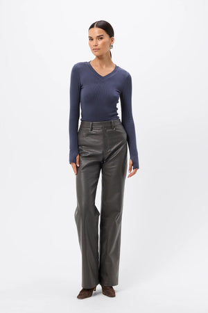 Sedona Top Sapphire by Mossman - ribbed jersey top with V neckline and thumbhole sleeves, designed for a sleek fitted look.