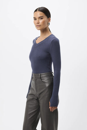 Sedona Top Sapphire by Mossman - ribbed jersey top with V neckline and thumbhole sleeves, designed for a sleek fitted look.