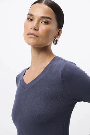 Sedona Top Sapphire by Mossman - ribbed jersey top with V neckline and thumbhole sleeves, designed for a sleek fitted look.