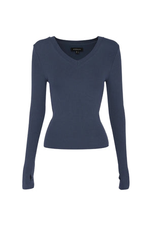 Sedona Top Sapphire by Mossman - ribbed jersey top with V neckline and thumbhole sleeves, designed for a sleek fitted look.