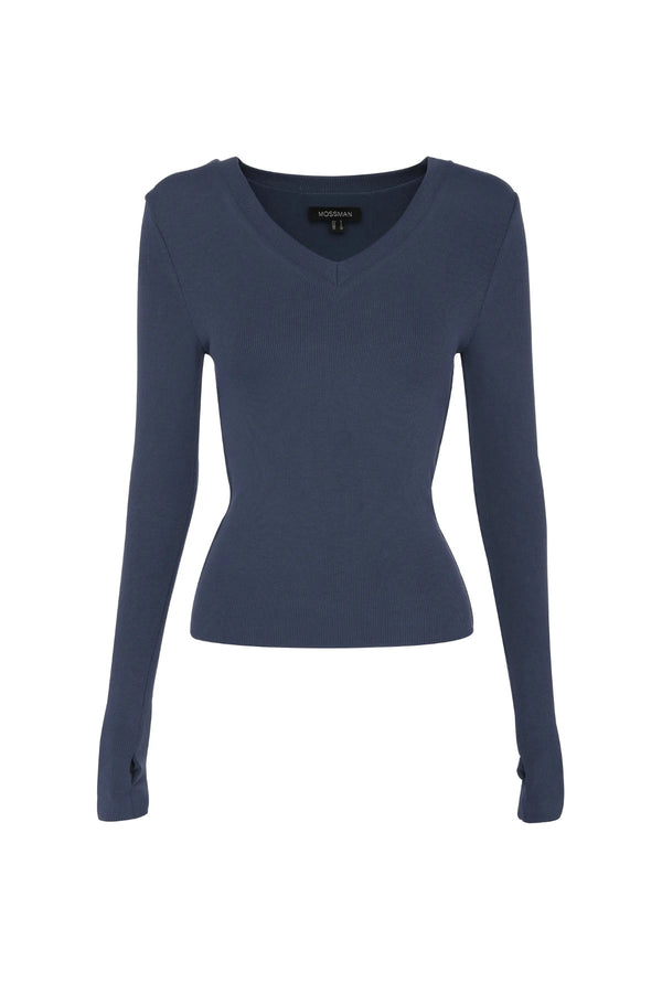 Sedona Top Sapphire by Mossman - ribbed jersey top with V neckline and thumbhole sleeves, designed for a sleek fitted look.