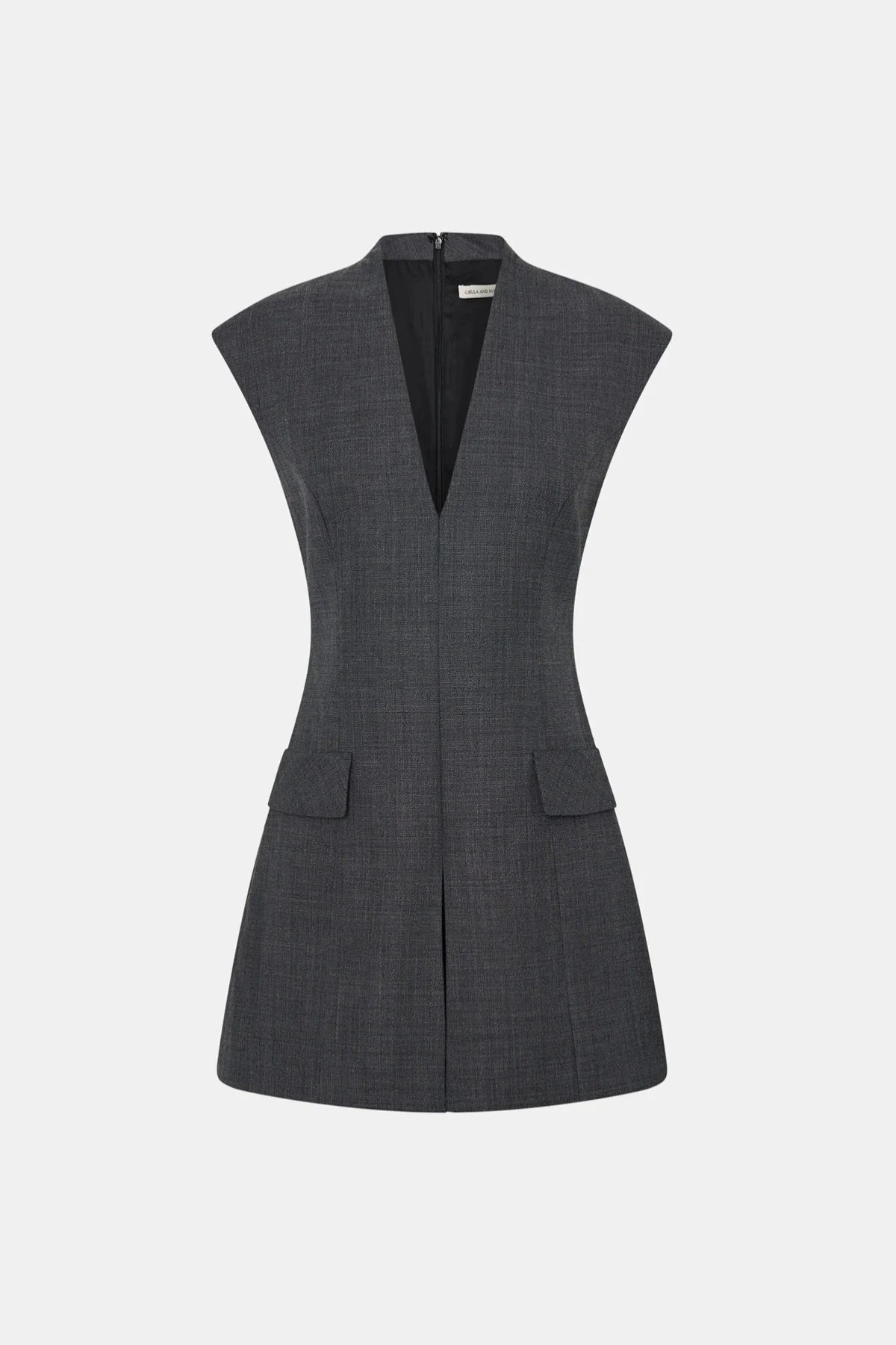 Seidler Mini Dress Dark Charcoal by Camilla and Marc – Trendy wool mini with deep V-neckline, front box pleat, and side pockets, perfect for refined daywear and polished evening looks.