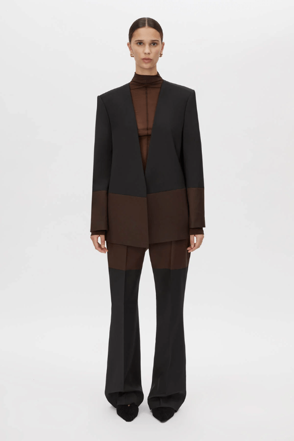 Vault Slim Pant Choc Black by Camilla and Marc, tailored high-rise pant with contrast panels, pressed seams, and a sleek, modern silhouette.
