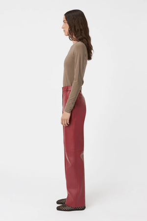 Selita Leather Pant Garnet by Camilla and Marc, luxe lamb leather with seam detail and high waist, perfect for viral nights or elevated daytime looks.