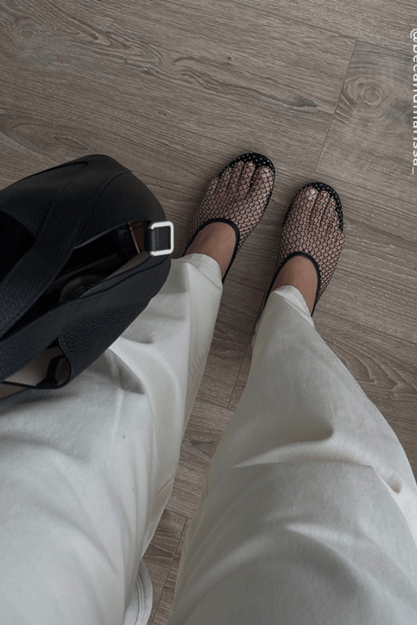 Clarissa Ebony Netting/Clear Crystal by Senso, Black mesh flats with clear crystals and elasticated fit for a chic, comfortable and versatile sparkle.
