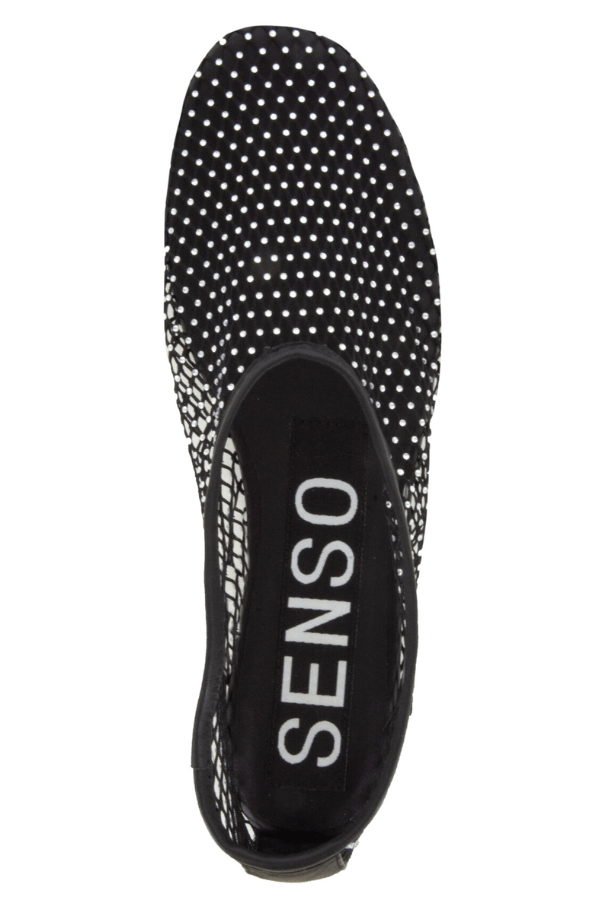 Clarissa Ebony Netting/Clear Crystal by Senso, Black mesh flats with clear crystals and elasticated fit for a chic, comfortable and versatile sparkle.
