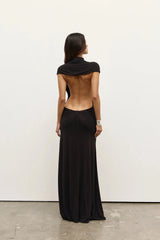 Sera Maxi Dress Shadow by Bayse – draped open back maxi dress with high neckline and sculpted silhouette.