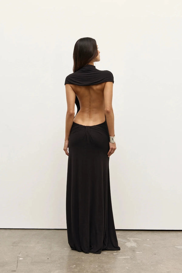 Sera Maxi Dress Shadow by Bayse – draped open back maxi dress with high neckline and sculpted silhouette.