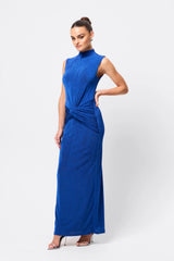 Severance Maxi Dress Cobalt by Effie Kats – a fitted maxi with knot waist and sleek neckline. Perfect for event styling.