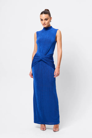 Severance Maxi Dress Cobalt by Effie Kats – a fitted maxi with knot waist and sleek neckline. Perfect for event styling.