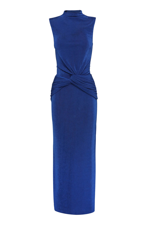 Severance Maxi Dress Cobalt by Effie Kats – a fitted maxi with knot waist and sleek neckline. Perfect for event styling.