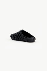 Shay in Black by Alias Mae, a woven leather rounded-toe mule in rich chocolate brown with slip-on silhouette.