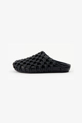Shay in Black by Alias Mae, a woven leather rounded-toe mule in rich chocolate brown with slip-on silhouette.