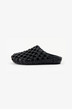 Shay in Black by Alias Mae, a woven leather rounded-toe mule in rich chocolate brown with slip-on silhouette.