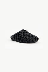 Shay in Black by Alias Mae, a woven leather rounded-toe mule in rich chocolate brown with slip-on silhouette.