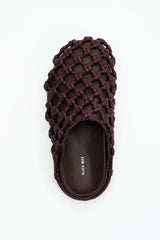 Shay in Choc by Alias Mae, a woven leather rounded-toe mule in rich chocolate brown with slip-on silhouette.