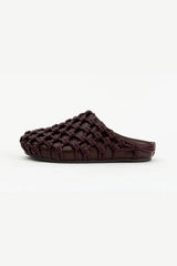 Shay in Choc by Alias Mae, a woven leather rounded-toe mule in rich chocolate brown with slip-on silhouette.
