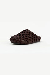Shay in Choc by Alias Mae, a woven leather rounded-toe mule in rich chocolate brown with slip-on silhouette.