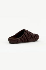 Shay in Choc by Alias Mae, a woven leather rounded-toe mule in rich chocolate brown with slip-on silhouette.