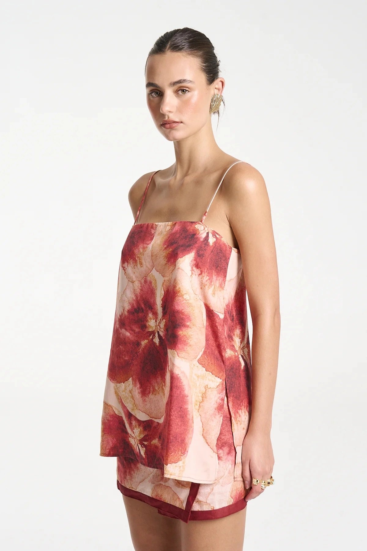 Shift Tunic Top by Summi Summi — a tencel Aloha-print tunic with adjustable straps and side slits, perfect for breezy summer styling.