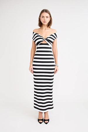 Shiloh Dress Stripe by Pfeiffer, a reversible striped jersey dress with adjustable bust ties for multiple neckline looks.