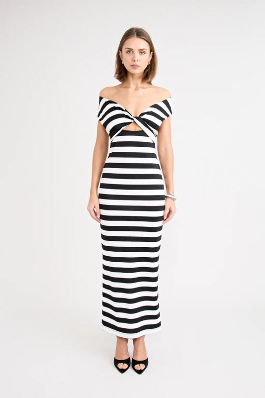 Shiloh Dress Stripe by Pfeiffer, a reversible striped jersey dress with adjustable bust ties for multiple neckline looks.