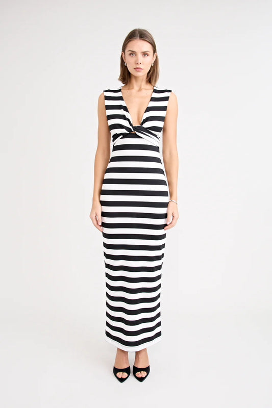 Shiloh Dress Stripe by Pfeiffer, a reversible striped jersey dress with adjustable bust ties for multiple neckline looks.