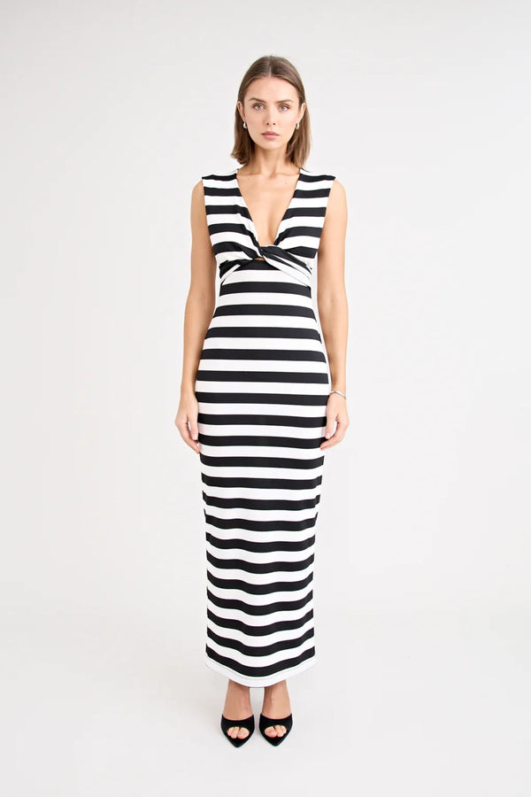 Shiloh Dress Stripe by Pfeiffer, a reversible striped jersey dress with adjustable bust ties for multiple neckline looks.