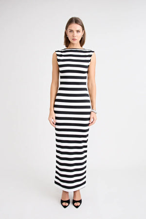 Shiloh Dress Stripe by Pfeiffer, a reversible striped jersey dress with adjustable bust ties for multiple neckline looks.
