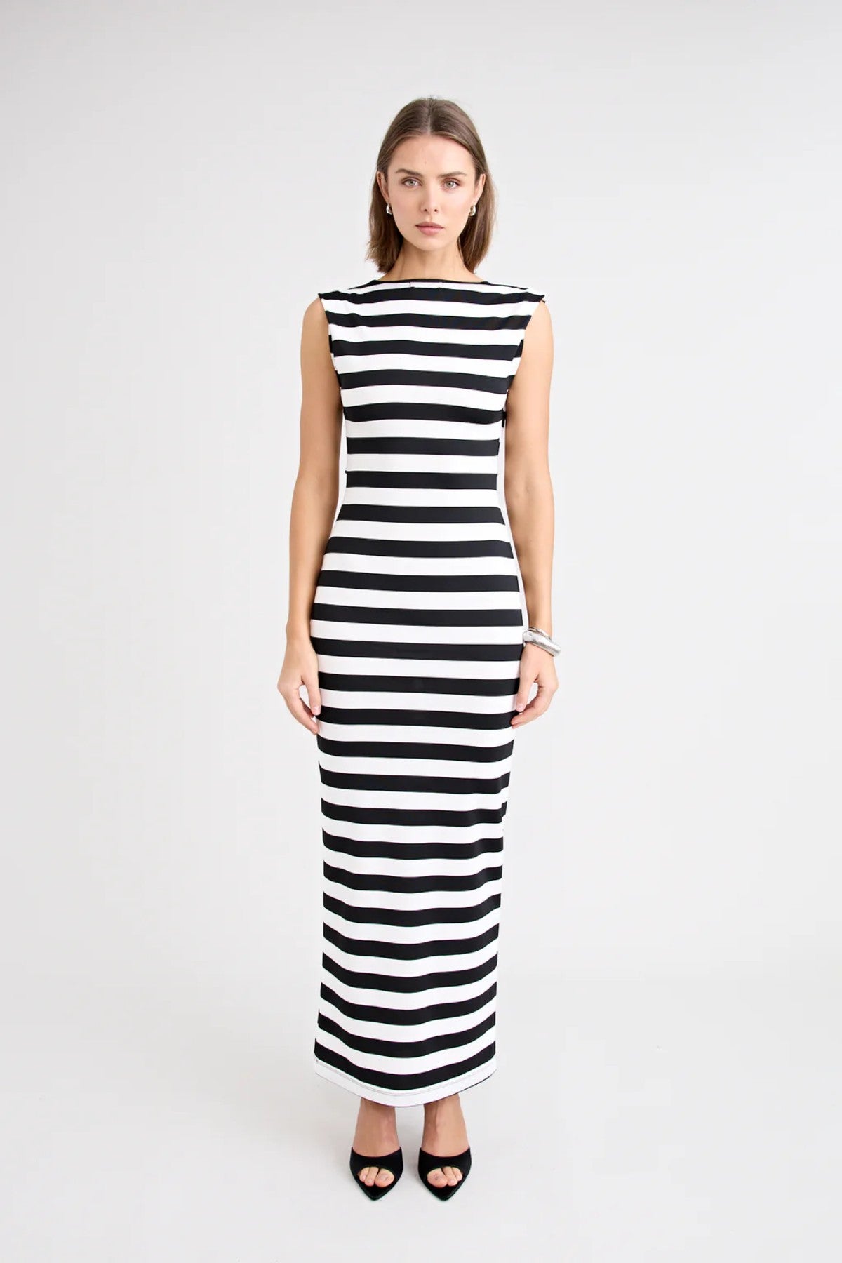 Shiloh Dress Stripe by Pfeiffer, a reversible striped jersey dress with adjustable bust ties for multiple neckline looks.