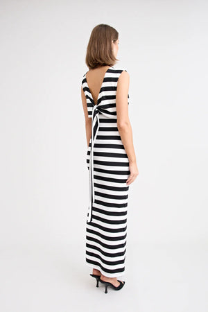 Shiloh Dress Stripe by Pfeiffer, a reversible striped jersey dress with adjustable bust ties for multiple neckline looks.