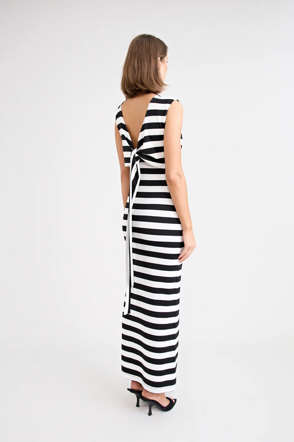 Shiloh Dress Stripe by Pfeiffer, a reversible striped jersey dress with adjustable bust ties for multiple neckline looks.