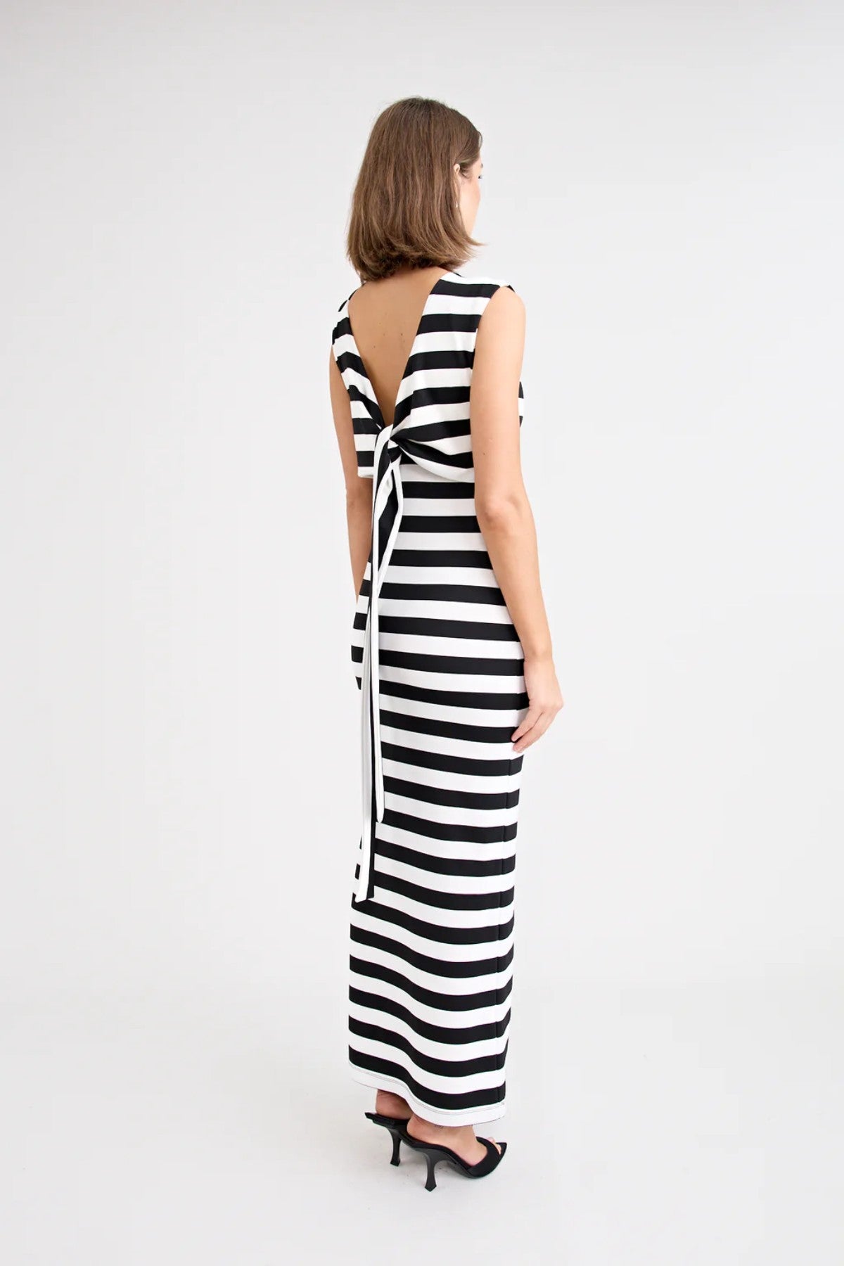 Shiloh Dress Stripe by Pfeiffer, a reversible striped jersey dress with adjustable bust ties for multiple neckline looks.