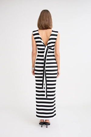 Shiloh Dress Stripe by Pfeiffer, a reversible striped jersey dress with adjustable bust ties for multiple neckline looks.