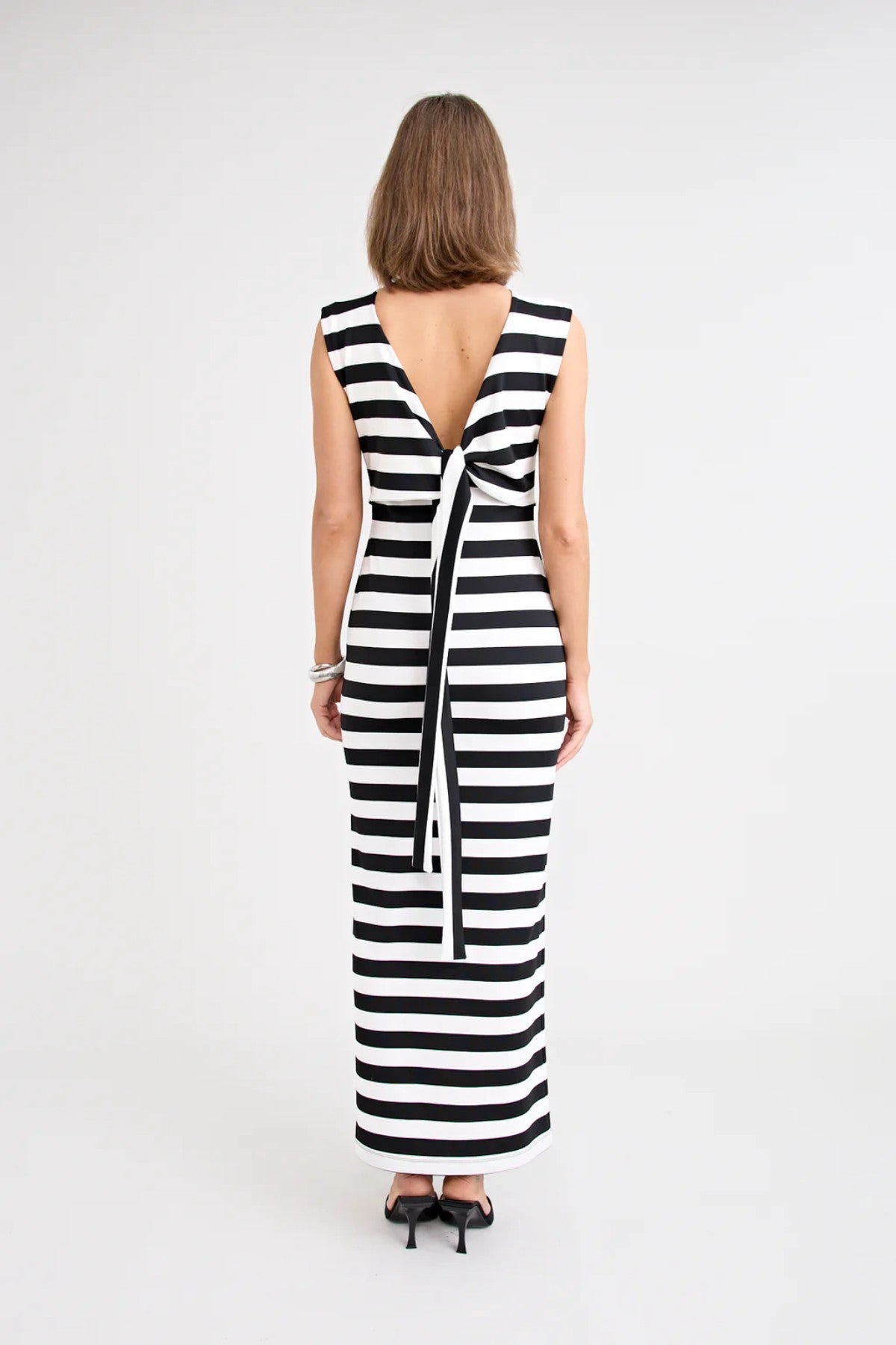 Shiloh Dress Stripe by Pfeiffer, a reversible striped jersey dress with adjustable bust ties for multiple neckline looks.