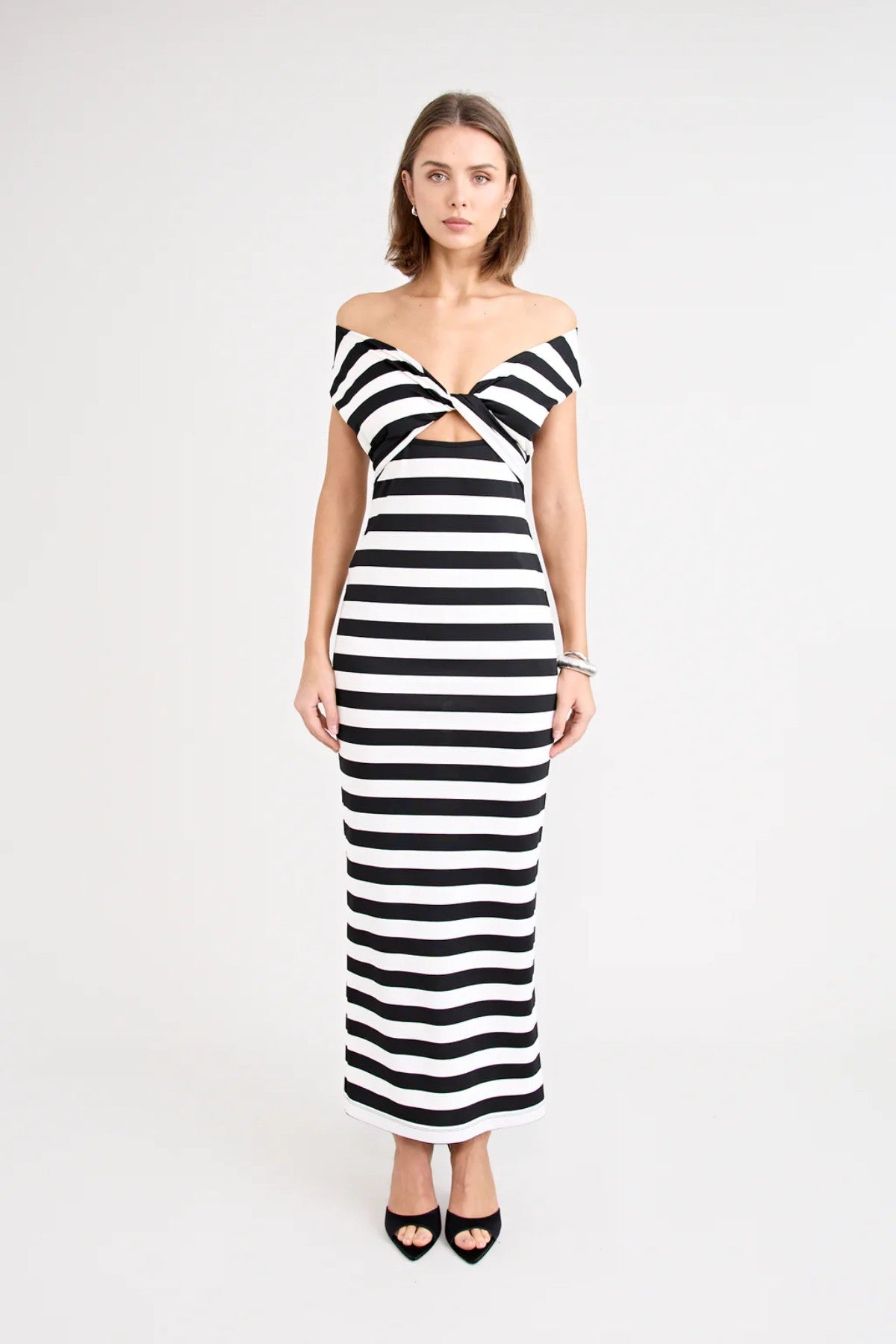 Shiloh Dress Stripe by Pfeiffer, a reversible striped jersey dress with adjustable bust ties for multiple neckline looks.