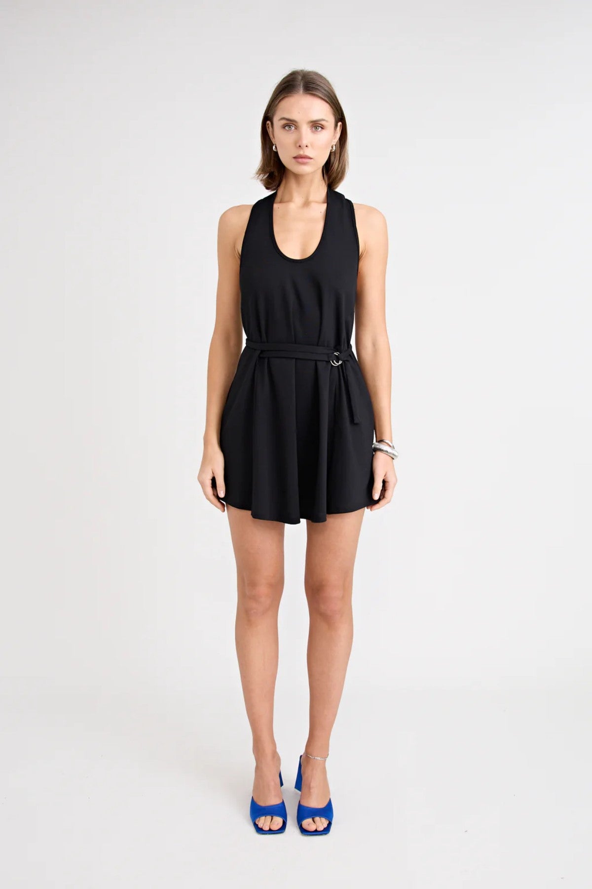Shiloh Mini Dress Black by Pfeiffer, a cotton jersey mini with low U neckline, racer back and removable tie for bustle style.