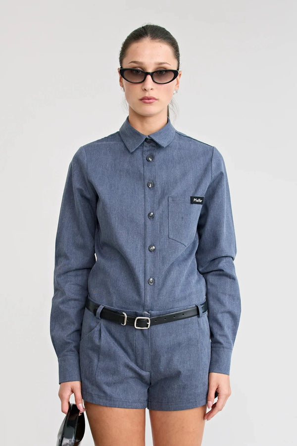 Shop the Dara Denim Shirt by Pfeiffer at Girls with Gems. A slim-fit denim shirt crafted from soft washed raw cotton denim.