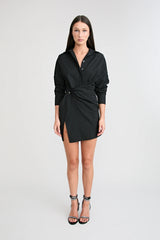Shop the Zena Twist Dress Black by Pfeiffer at Girls with Gems. A pinstripe shirt dress with signature twists, waist tucks, and an asymmetric hem.