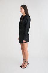 Shop the Zena Twist Dress Black by Pfeiffer at Girls with Gems. A pinstripe shirt dress with signature twists, waist tucks, and an asymmetric hem.