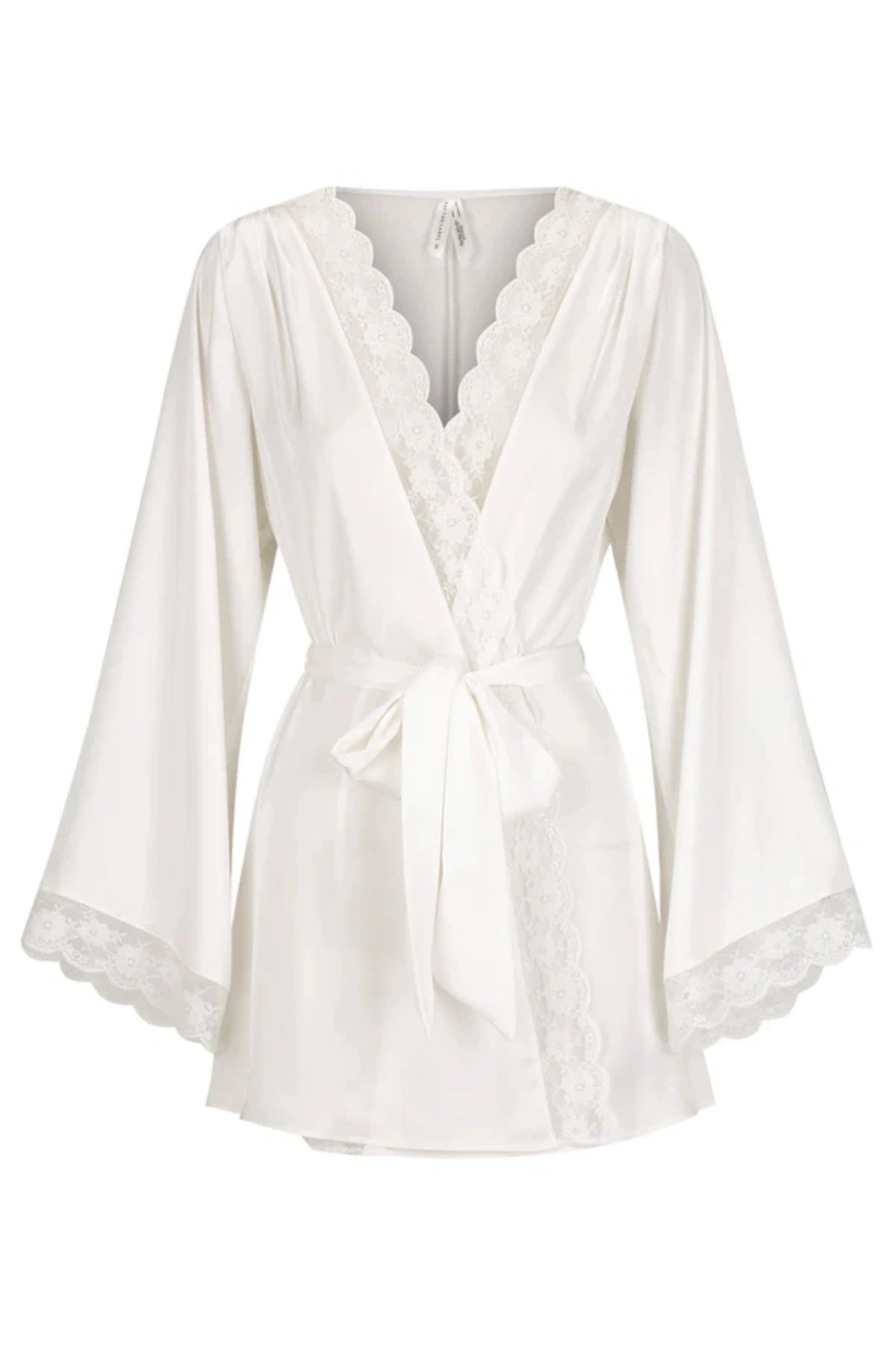 Sidney Robe Ivory by Kat the Label, satin robe with lace trim and tie waist, a timeless trendy piece perfect for bridal mornings or lounging.