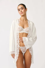 Sidney Robe Ivory by Kat the Label, satin robe with lace trim and tie waist, a timeless trendy piece perfect for bridal mornings or lounging.