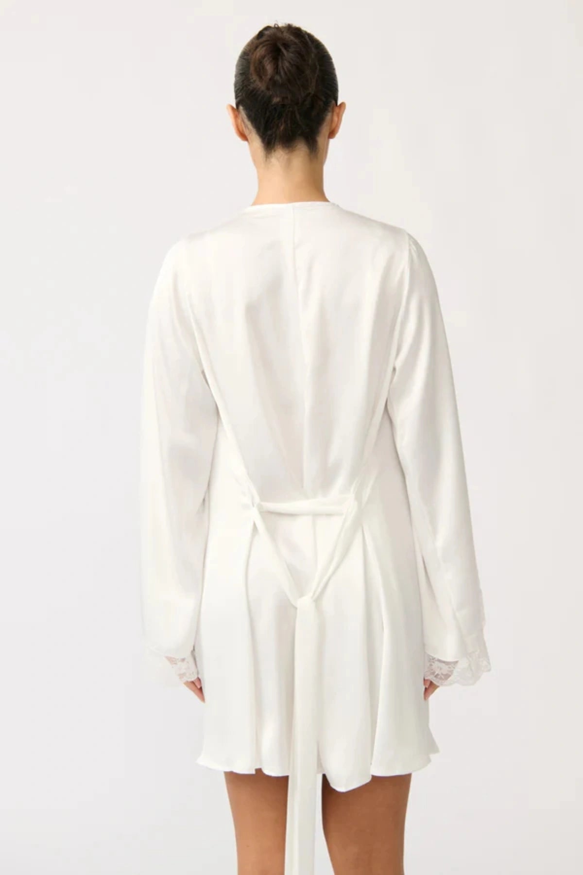Sidney Robe Ivory by Kat the Label, satin robe with lace trim and tie waist, a timeless trendy piece perfect for bridal mornings or lounging.