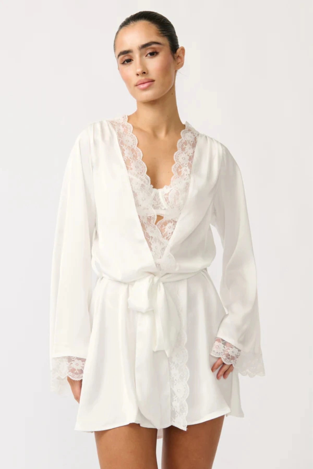 Sidney Robe Ivory by Kat the Label, satin robe with lace trim and tie waist, a timeless trendy piece perfect for bridal mornings or lounging.